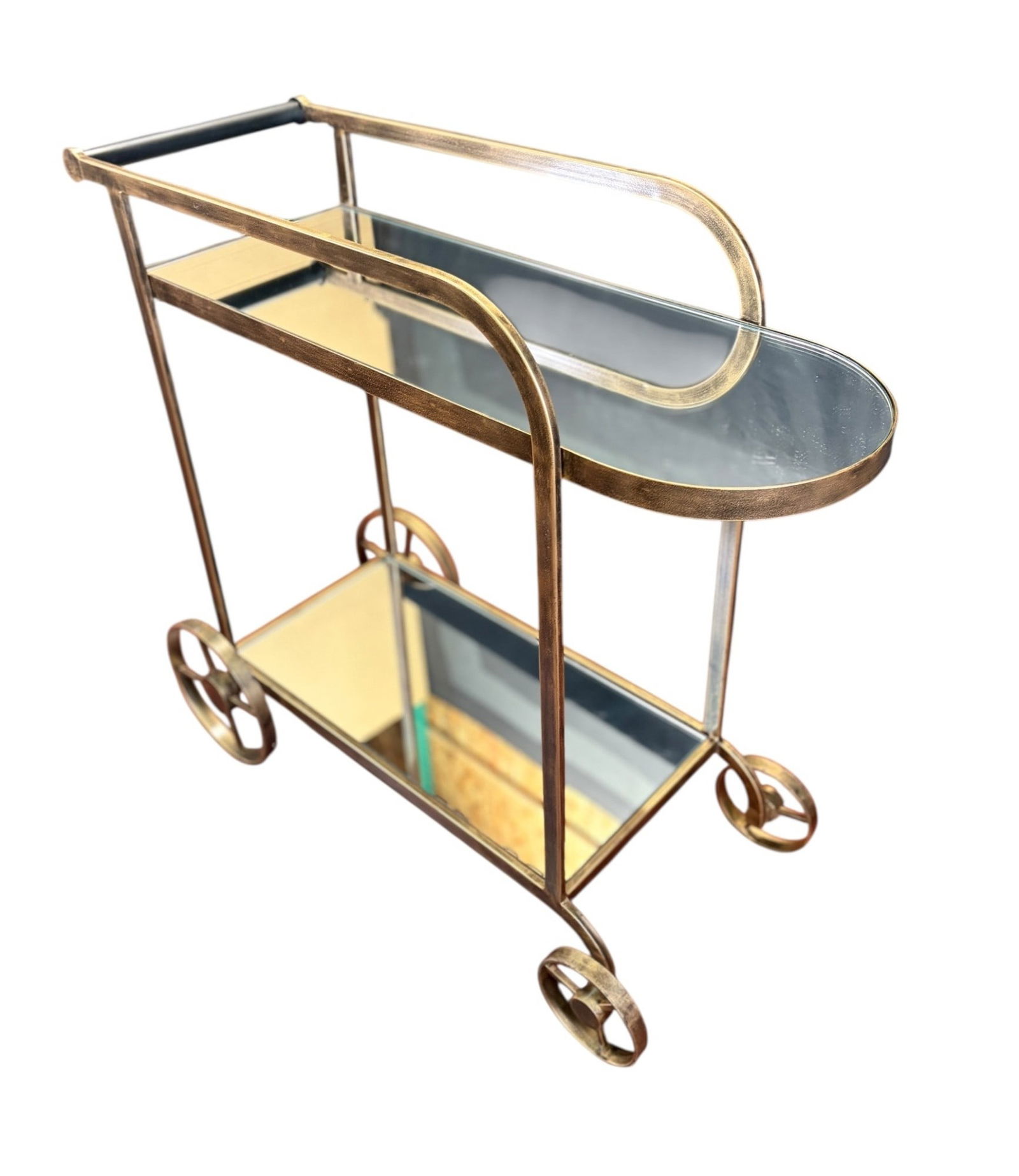 GOLD METAL AND BLACK ACCENT BAR CART: GOLD METAL AND BLACK ACCENT BAR CART WITH MIRRORED GLASS Height: 36 in. by Width: 38 in. by Depth: 13.5 IN.