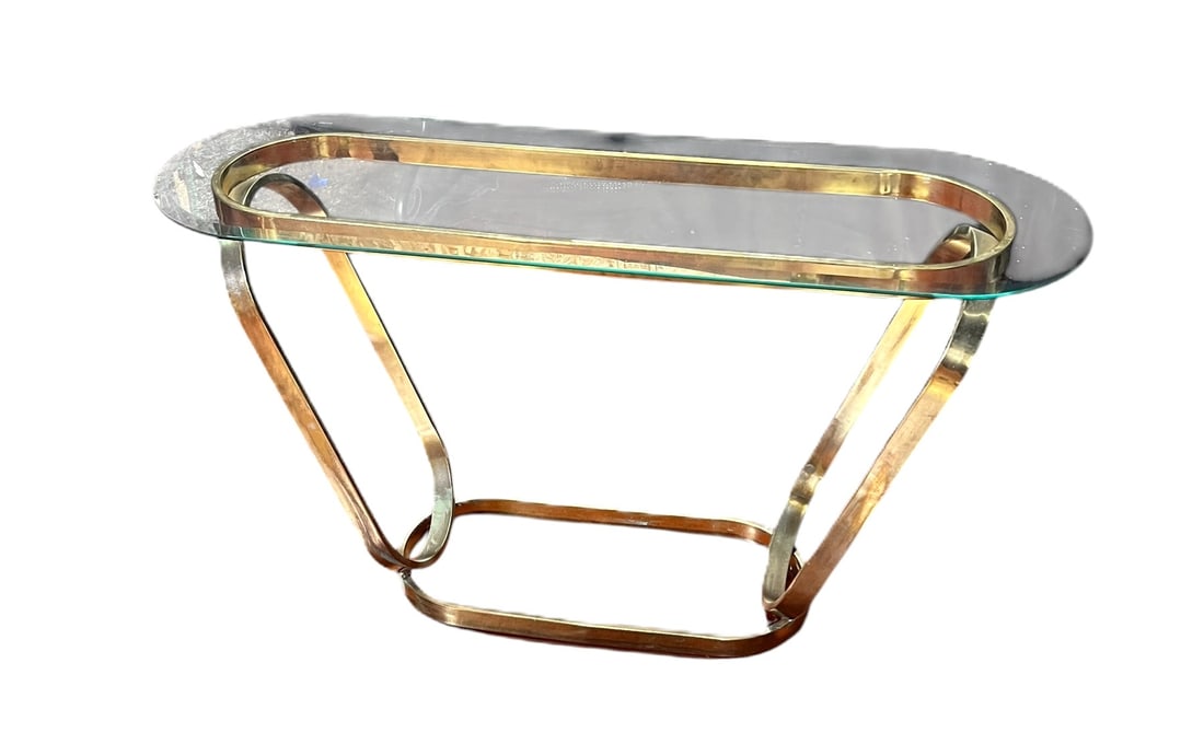 HOLLYWOOD REGENCY OVAL BRASS & GLASS CONSOLE TABLE (1 of 5)