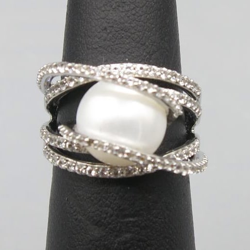 WHITE TOPAZ & PEARL STERLING SILVER RING (1 of 4)