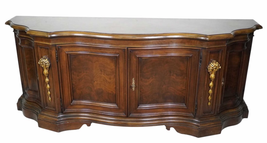 KARGES MAHOGANY SIDEBOARD WITH FOUR DRAWERS: KARGES FURNITURE MAHOGANY SIDEBOARD WITH FOUR DRAWERS. TWO DOORS AND FOUR FITTED DRAWERS. Height: 32 in. by Width: 81 in. by Depth: 21 IN.