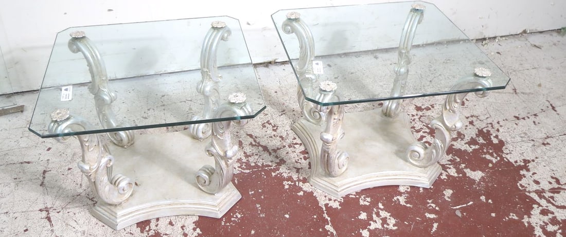 PAIR OF MODERN GLASS TOP END TABLES (1 of 4)
