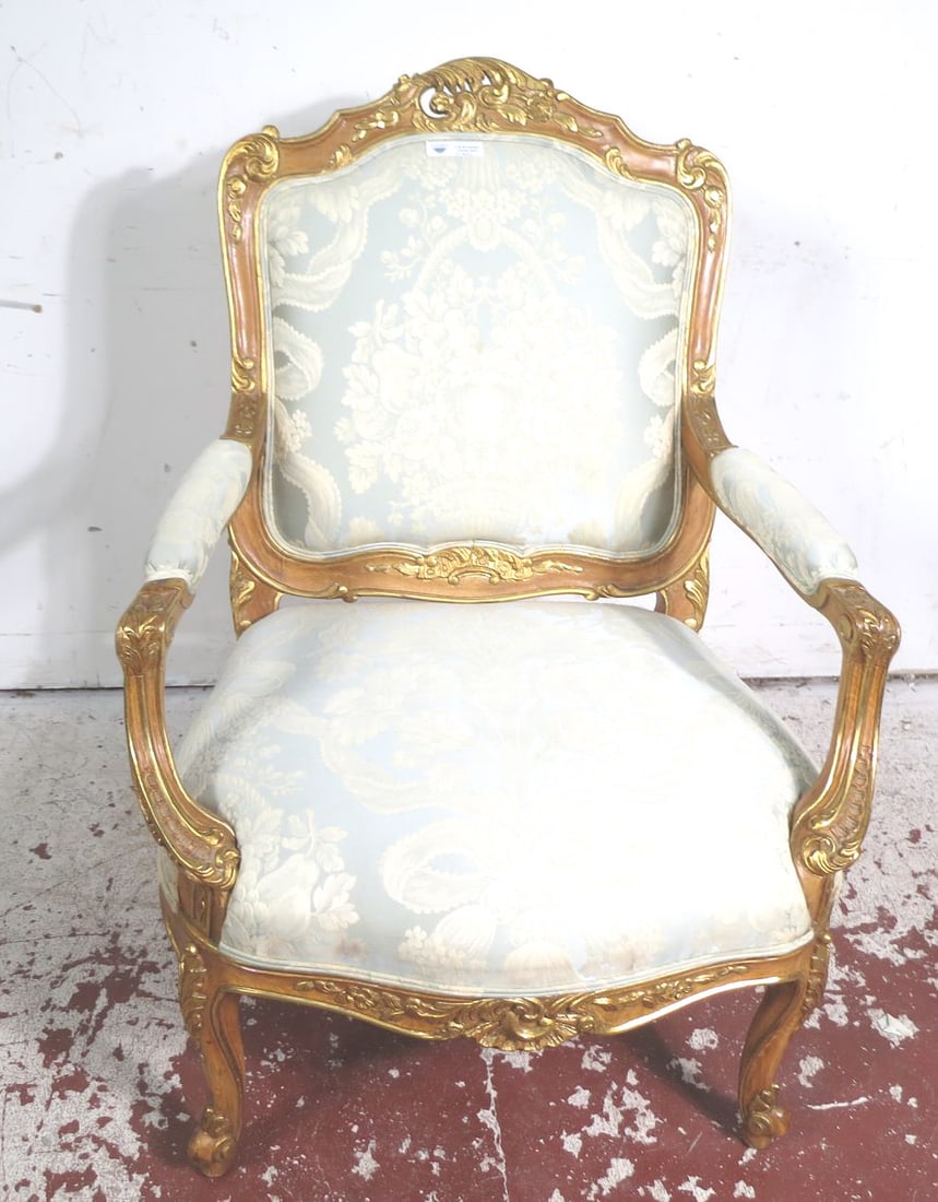 LOUIS XV FRENCH GILDED ARMCHAIR: LOUIS XV FRENCH GILDED ARMCHAIR Height: 41 in. by Width: 27 in. by Depth: 33 in.