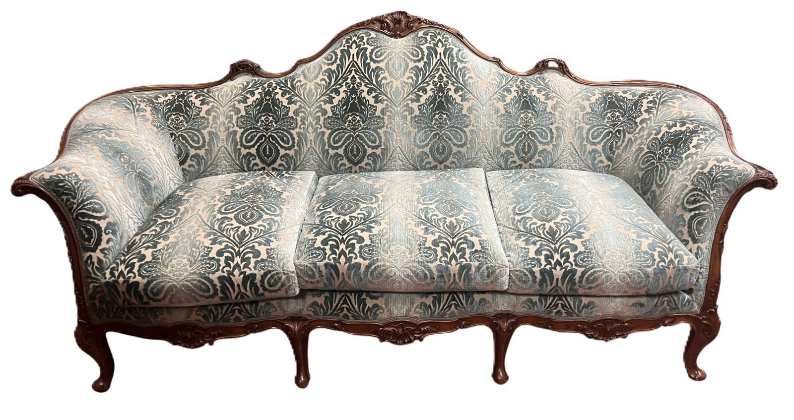 VINTAGE FRENCH CARVED WALNUT UPHOLSTERED SOFA (1 of 8)