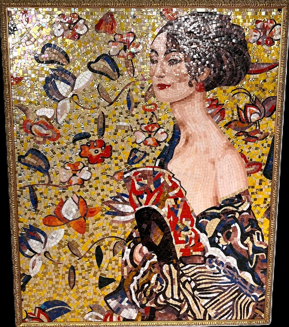 ART GLASS TILED MOSAIC OF LADY: ART GLASS TILED MOSAIC OF LADY. Height: 62 in. by Width: 50 in.