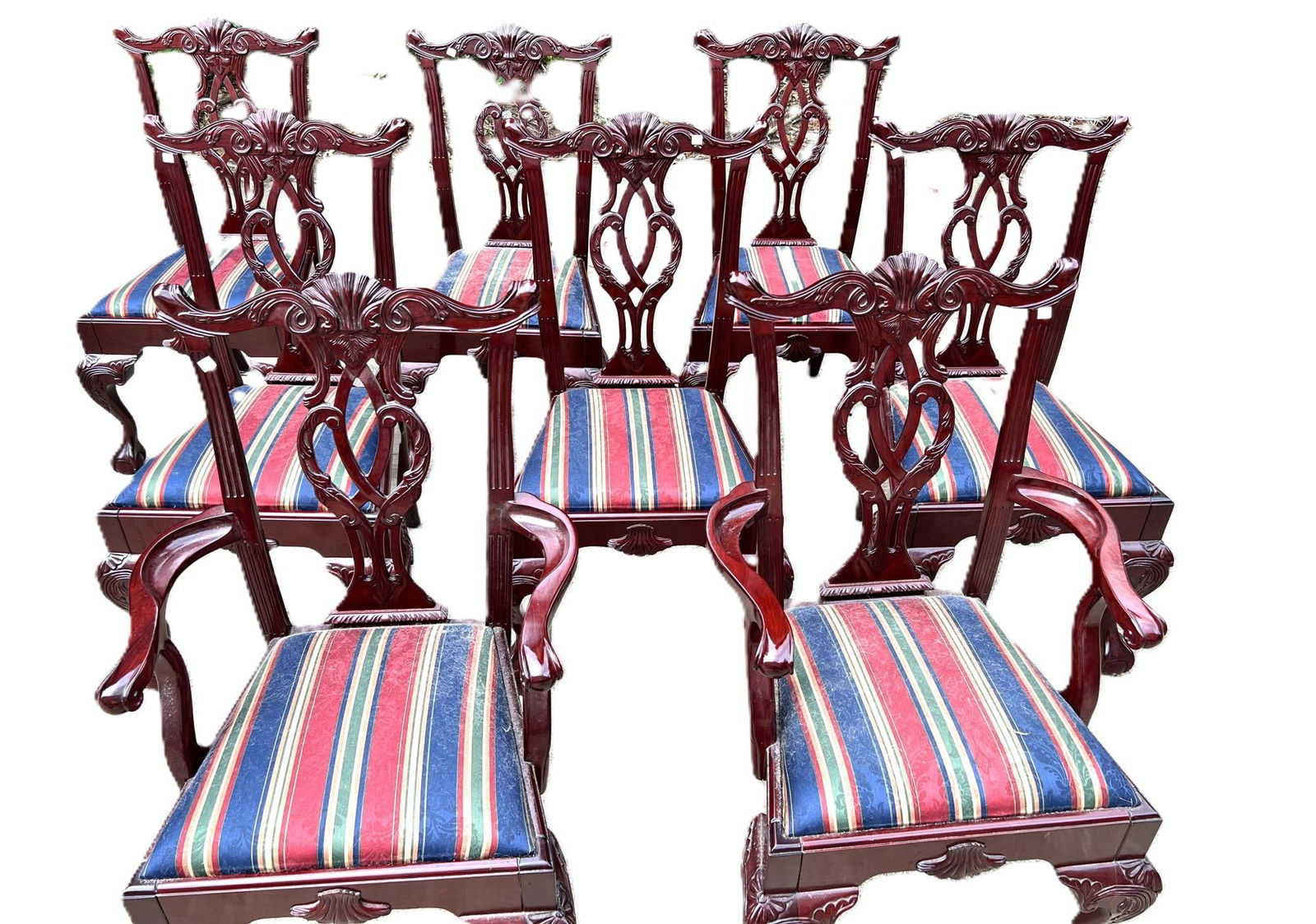 EIGHT CHIPPENDALE CHAIRS- ROSEWOOD: EIGHT CHIPPENDALE STYLE ROSEWOOD DINING CHAIRS ON BALL AND CLAW FEET. TWO ARMCHAIRS AND SIX SIDE CHAIRS. Height: 42 in. by Width: 25 in. by Depth: 22 in.