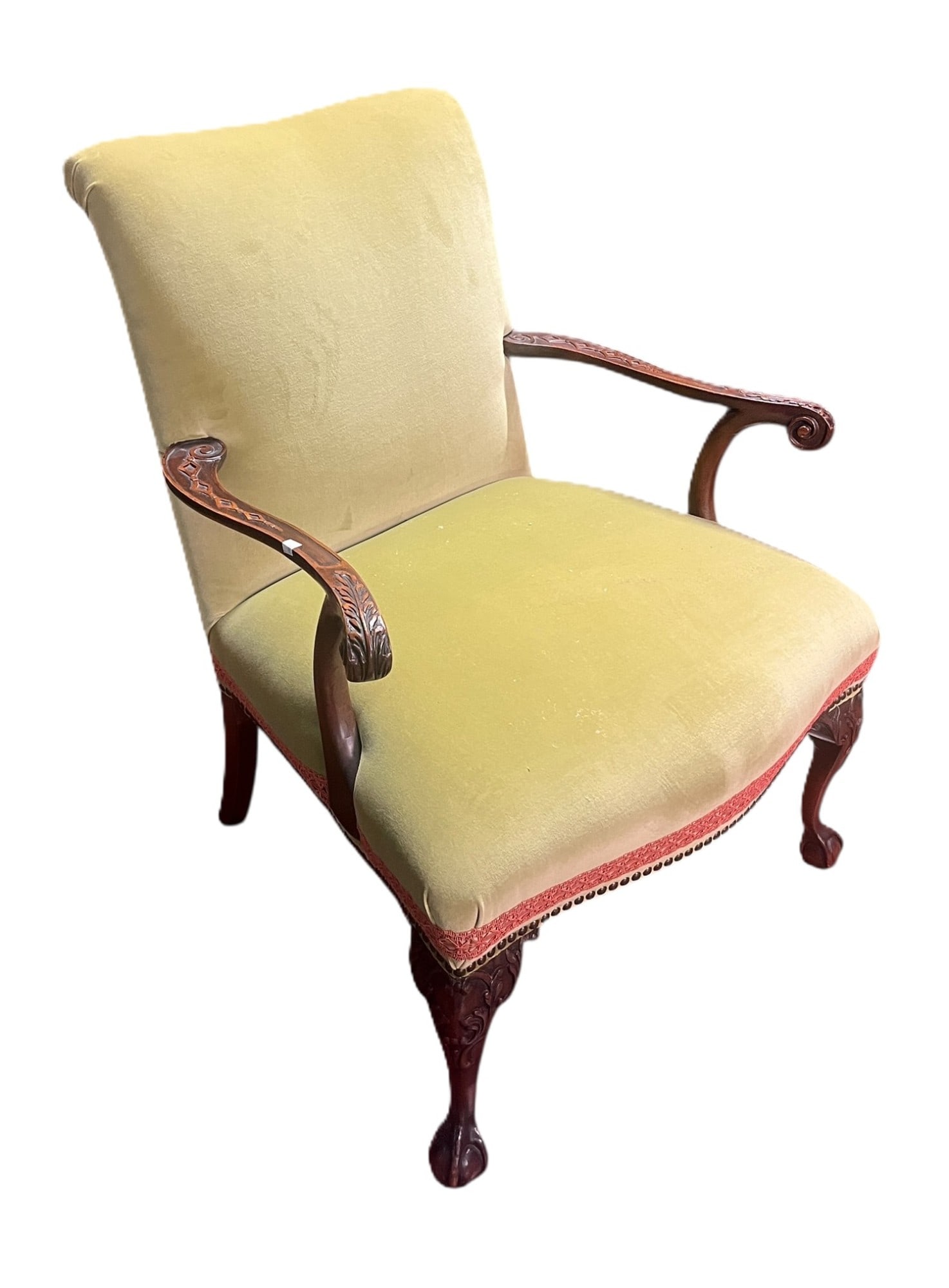 ANTIQUE ARM CHAIR IN GREEN VELVET: CHIPPENDALE STYLE ARM CHAIR IN GREEN VELVET Height: 35 in. by Width: 28 in. by Depth: 30 in.
