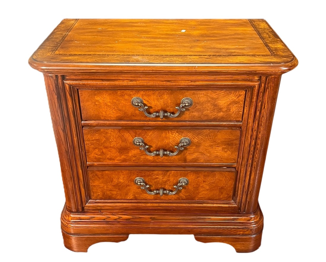 THREE DRAWER WOODEN NIGHTSTAND/CABINET: THREE DRAWER WOODEN NIGHTSTAND/CABINET Height: 29.5 in. by Width: 29.5 in. by Depth: 17 in.
