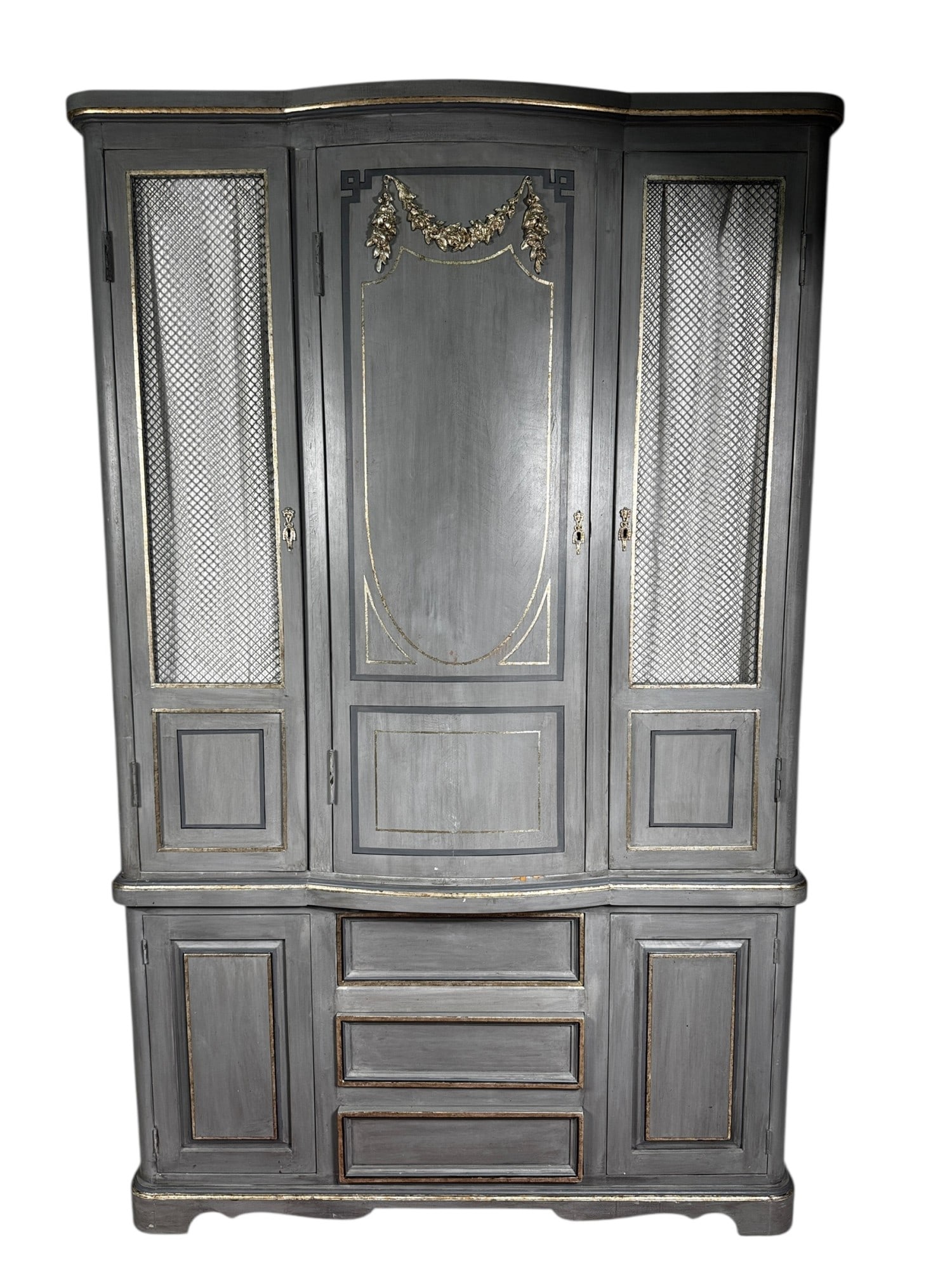 GRAY PAINTED CABINET WITH CHICKEN WIRE DOOR PANELS (1 of 5)