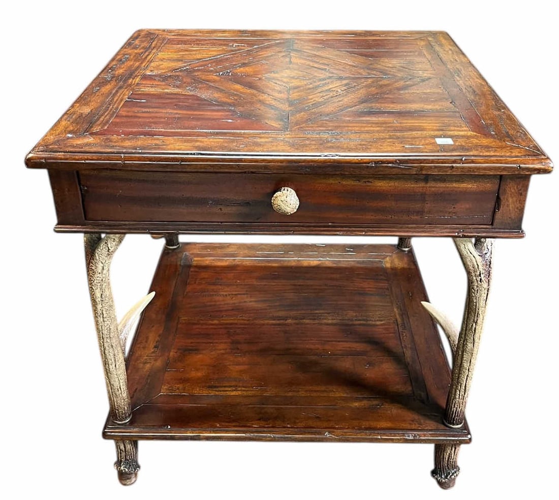 THEORDORE ALEXANDER FAUX DEER HORN END TABLE: THEORDORE ALEXANDER FAUX DEER HORN & PARQETRY INLAID TOP END TABLE. Height: 26 in. by Width: 26 in. by Depth: 26 in.