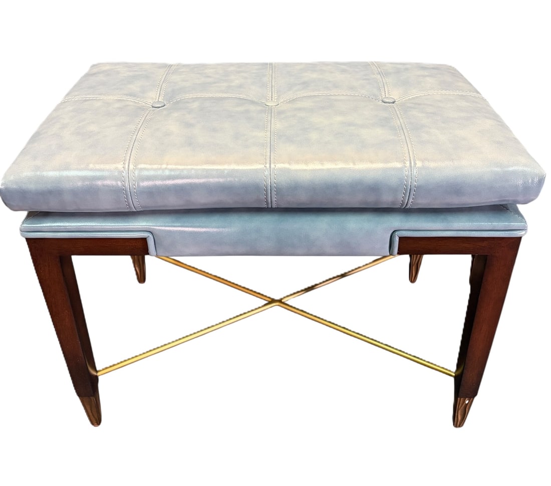 BLUE LEATHER TUFTED WOODEN STOOL (1 of 7)