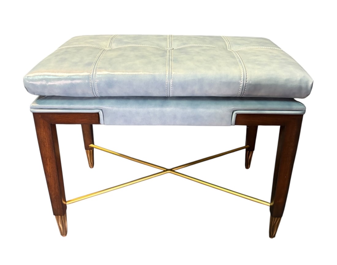 BLUE LEATHER TUFTED WOODEN STOOL (1 of 7)