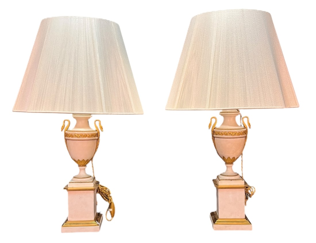 PAIR OF 19TH C FRENCH ALABASTER NEOCLASSICAL LAMPS: PAIR OF 19TH C FRENCH ALABASTER AND GILT BRONZE NEOCLASSICAL LAMPS. INCLUDES SHADES Height: 27 in. by Width: 5 in. by Depth: 5 IN.