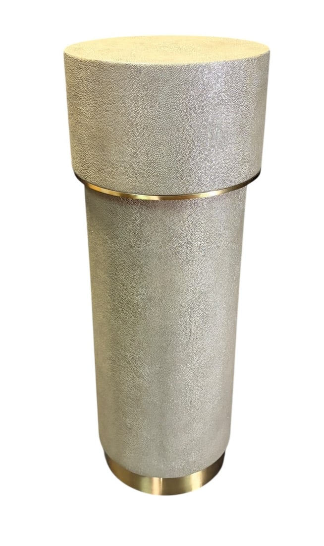 GRAY SHAGREN STYLE COCKTAIL TABLE: GRAY SHAGREN STYLE COCKTAIL TABLE WITH GOLD ACCENTS Height: 22.3 in. by Width: 8.5 in. by Depth: 8.5 in.