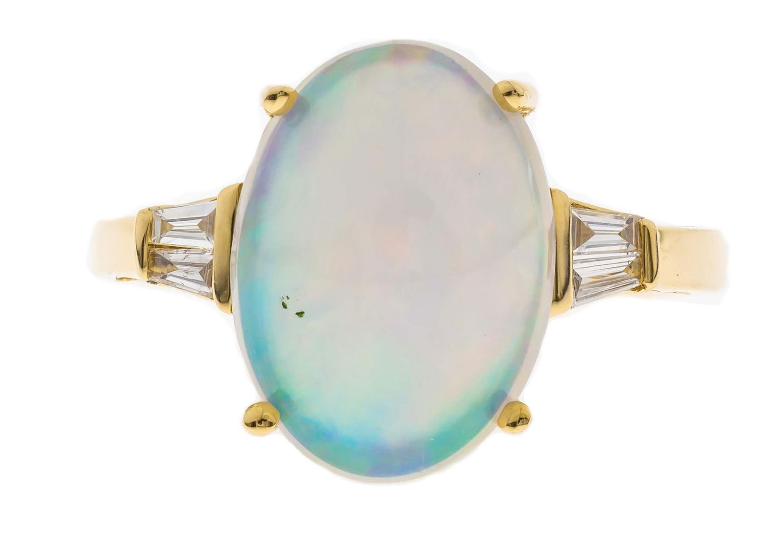 14KT YELLOW GOLD ETHIOPIAN OPAL RING: 14KT YELLOW GOLD ETHIOPIAN OPAL RING. OPAL= 3.70CTS, FOUR BAGUETTES=0.14CTS. 3.01 GRAMS T.W. SIZE 7. MIN 2.86 GJ18154R R2513864 (83)