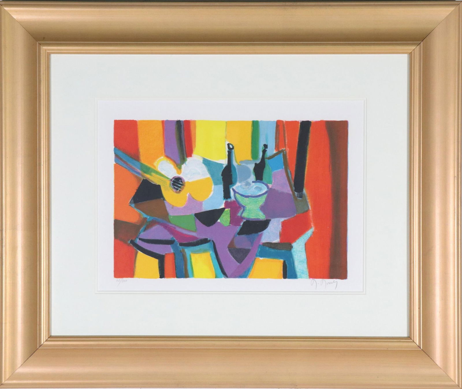 MERCEL MOULY- STILL LIFE YELLOW AND WHITE GUITAR: MERCEL MOULY- STILL LIFE YELLOW AND WHITE GUITAR. Height: 24 in. by Width: 29 in