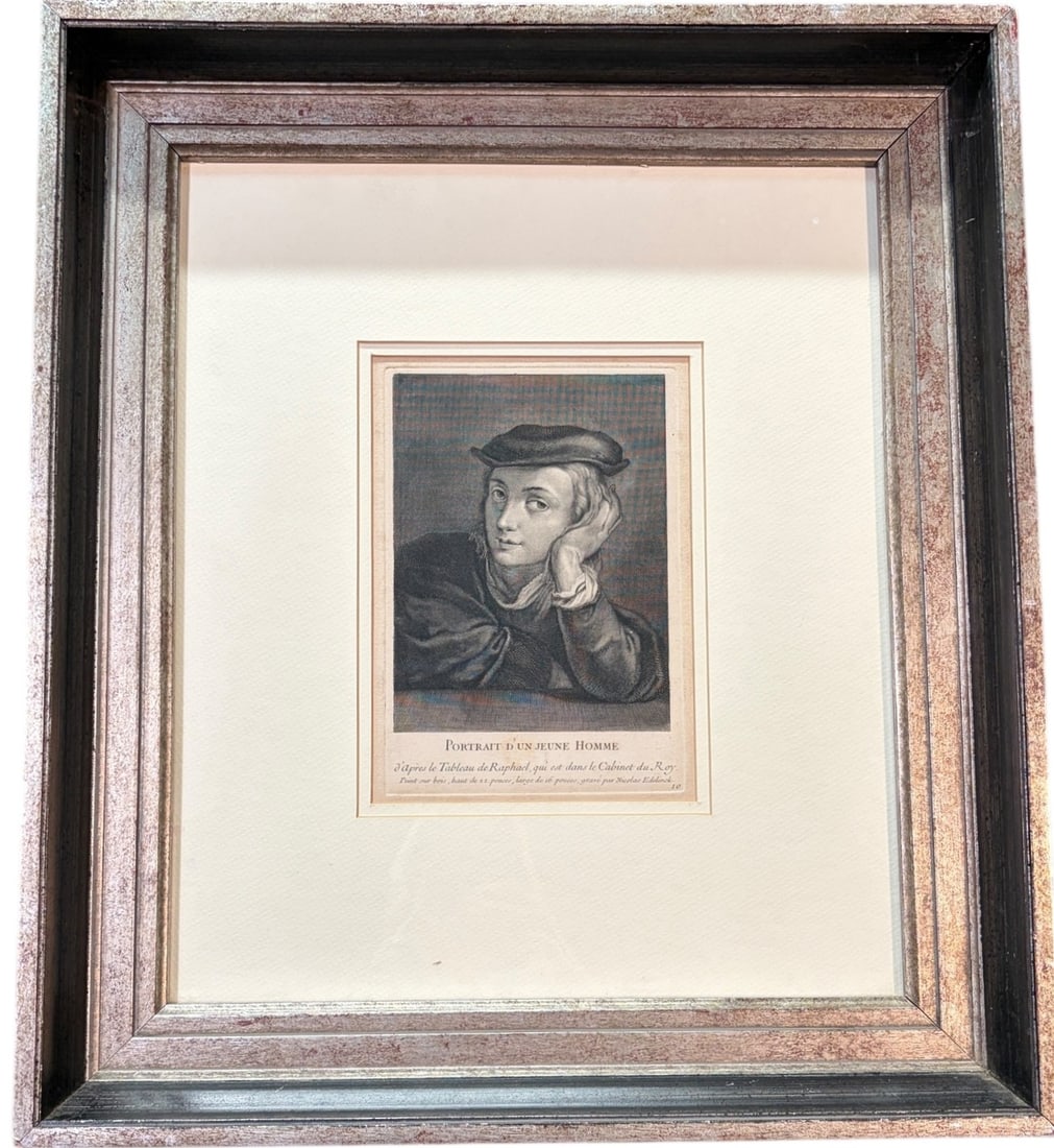 FRENCH PORTRAIT OF YOUNG MAN ENGRAVING: FRENCH PORTRAIT OF YOUNG MAN ENGRAVING IN THE SCHOOL OF RAPHAEL Height: 21 in. by Width: 19 in.