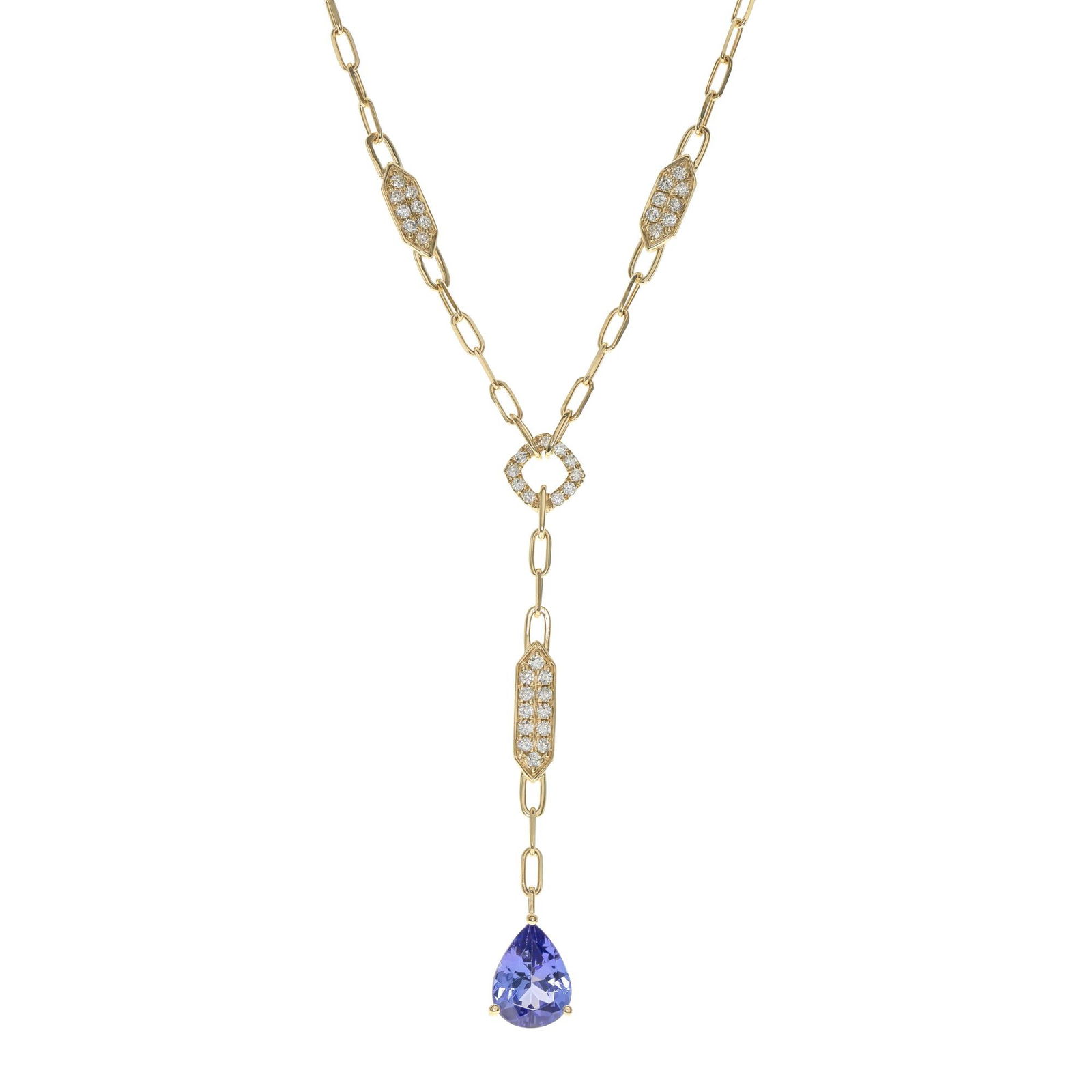 14KT GOLD TANZANITE & DIAMOND PENDANT/ NECKLACE: 14KT YELOW GOLD TANZANITE & DIAMOND PENDANT/NECKLACE. TANZANITE = 1.149CTS, 39-DIAMONDS=0.34CTS. 4.59 GRAMS T.W. 18" LENGTH. MIN 1.40 #18 INCH TW4806N N2410310 (4) Height: 7/16 in. by Width: 5/16 in.