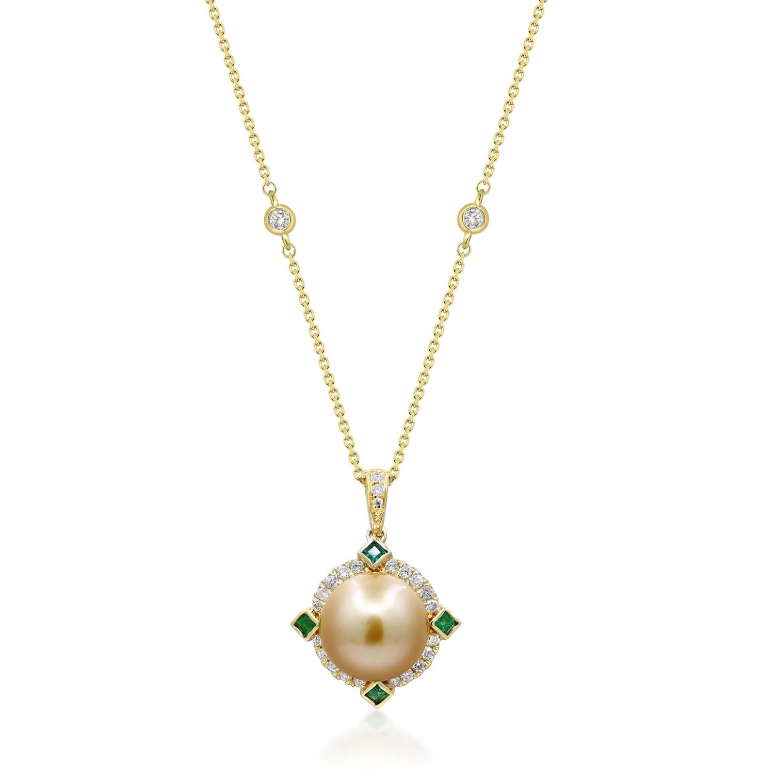 14KT YELLOW GOLD PEARL, EMERALD & DIAMOND PENDANT: 14KT YELLOW GOLD PEARL, EMERALD & DIAMOND PENDANT/NECKALCE. PEARL=13.25CTS, EMERALD=0.14CTS, DIAMONDS=0.38CTS. 1.94 GRAMS T.W. 16" T.L. MIN 12.00 GJ18999P P2315123 (113) Height: 1 in. by Width: 3/4 in