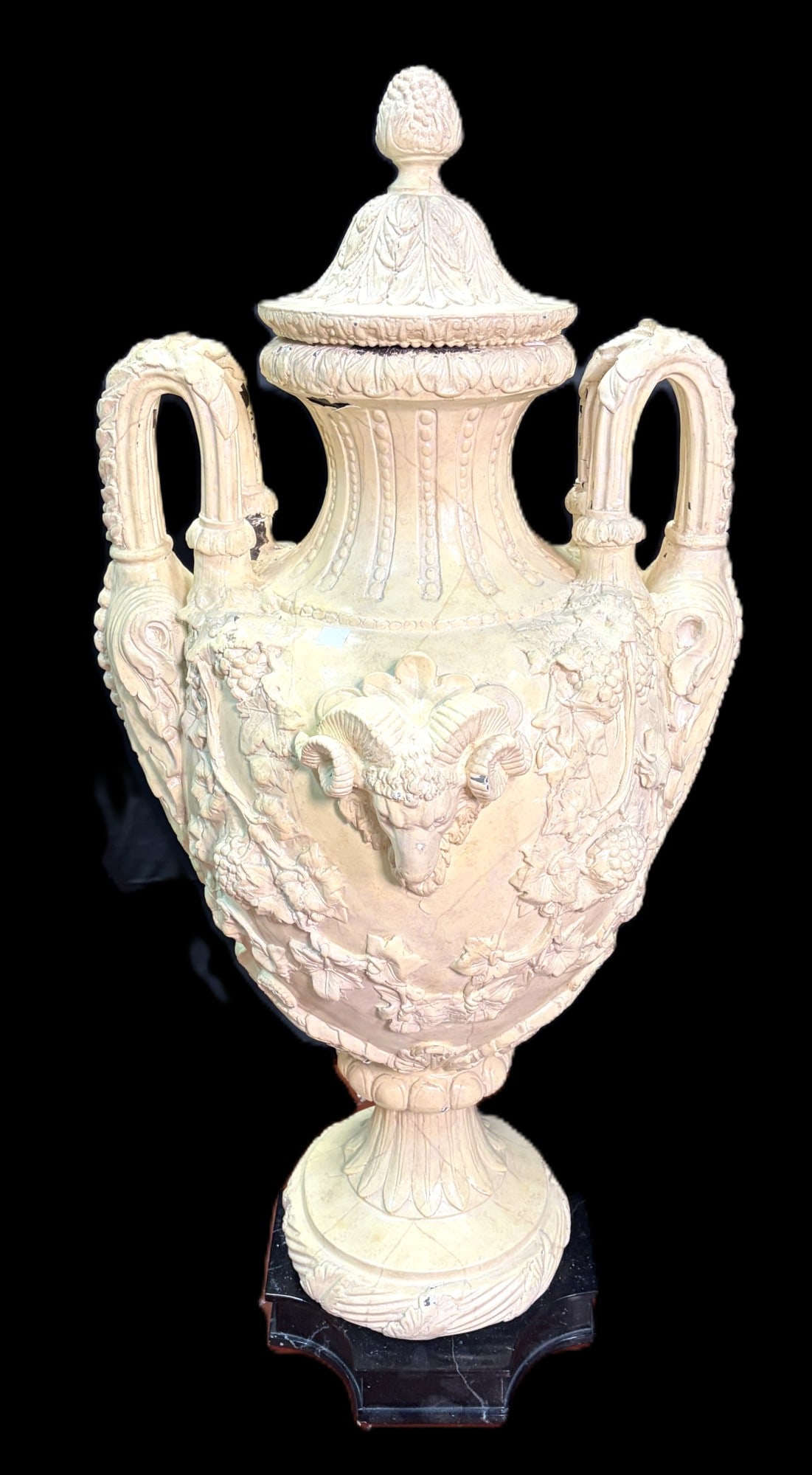 VINTAGE LARGE BRONZE RAM HEAD NEOCLASSICAL URN: VINTAGE LARGE BRONZE RAM HEAD NEOCLASSICAL URN Height: 40 in. by Width: 20 in. by Depth: 20 in.