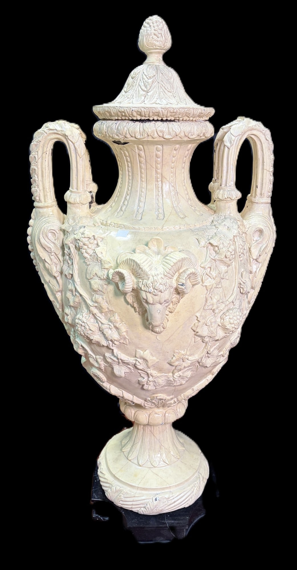 VINTAGE LARGE BRONZE RAM HEAD NEOCLASSICAL URN: VINTAGE LARGE BRONZE RAM HEAD NEOCLASSICAL URN Height: 40 in. by Width: 20 in. by Depth: 20 in.