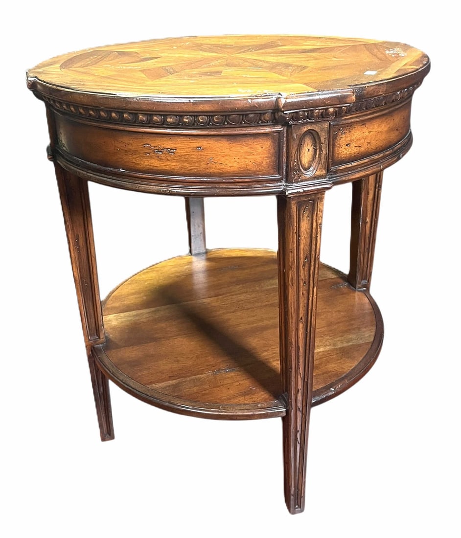 VINTAGE PARQUETRY INLAID TOP SIDE TABLE: VINTAGE PARQUETRY INLAID TOP SIDE TABLE. Height: 25.5 in. by Width: 22.5 in. by Depth: 22.5 in.