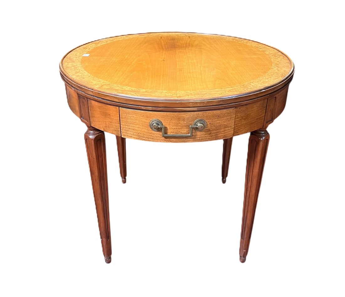 PAIR OF BAKER WALNUT LOUIS XVI STYLE SIDE TABLE: PAIR OF BAKER WALNUT LOUIS XVI STYLE SIDE TABLE. Height: 24 in. by Width: 26 in. by Depth: 26 in.