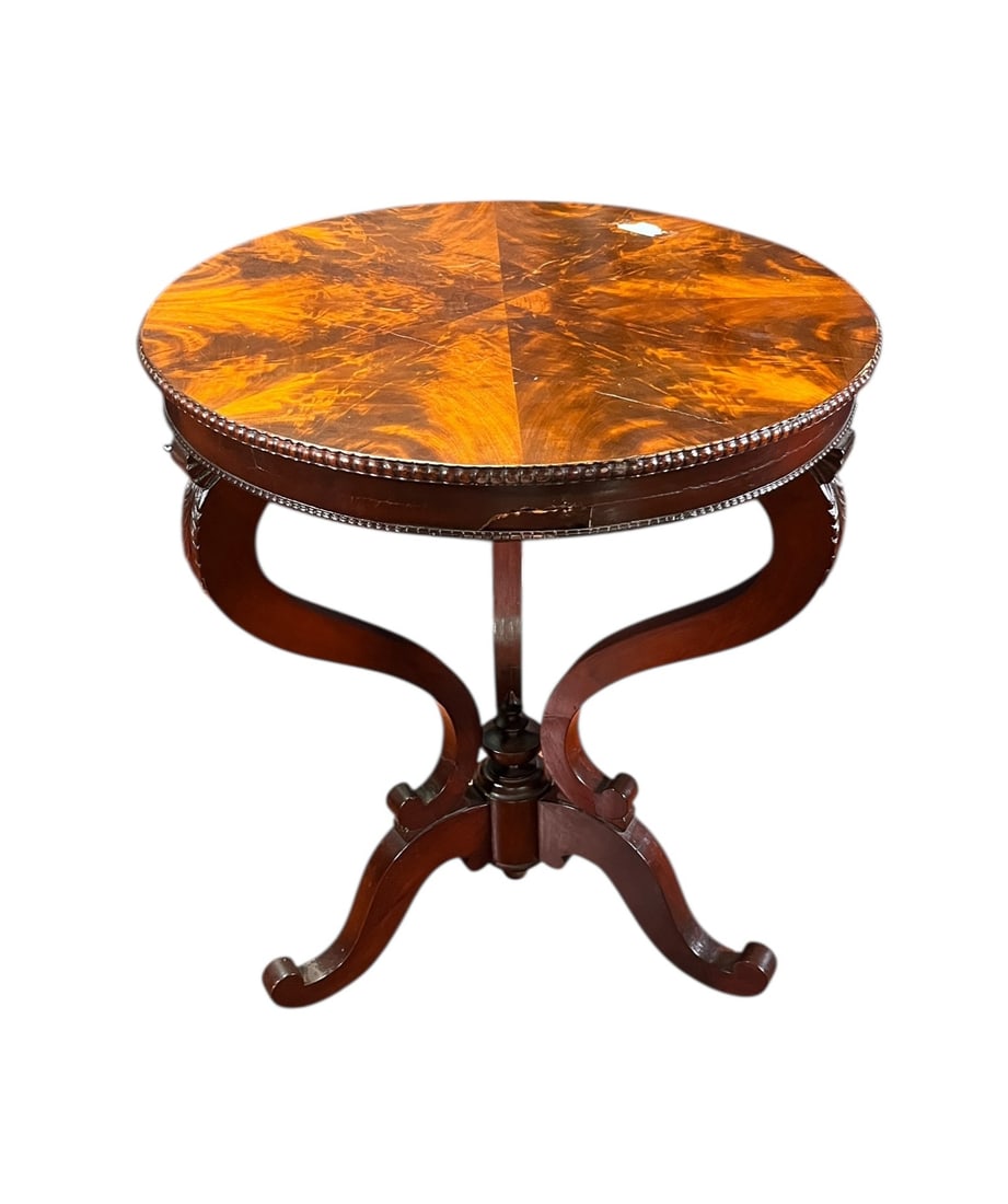 VINTAGE MAHOGANY EMPIRE INLAID MAHOGANY TABLE: VINTAGE MAHOGANY EMPIRE INLAID MAHOGANY TABLE Height: 27.8 in. by Width: 23 in. by Depth: 23 in.