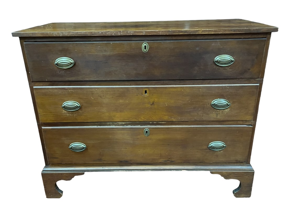 CIRCA 1780 CONNECTICUT MAHOGHANY CHEST: CIRCA 1780 CONNECTICUT MAHOGHANY THREE DRAWER CHEST. Height: 34.5 in. by Width: 43.5 in. by Depth: 19.5 in.