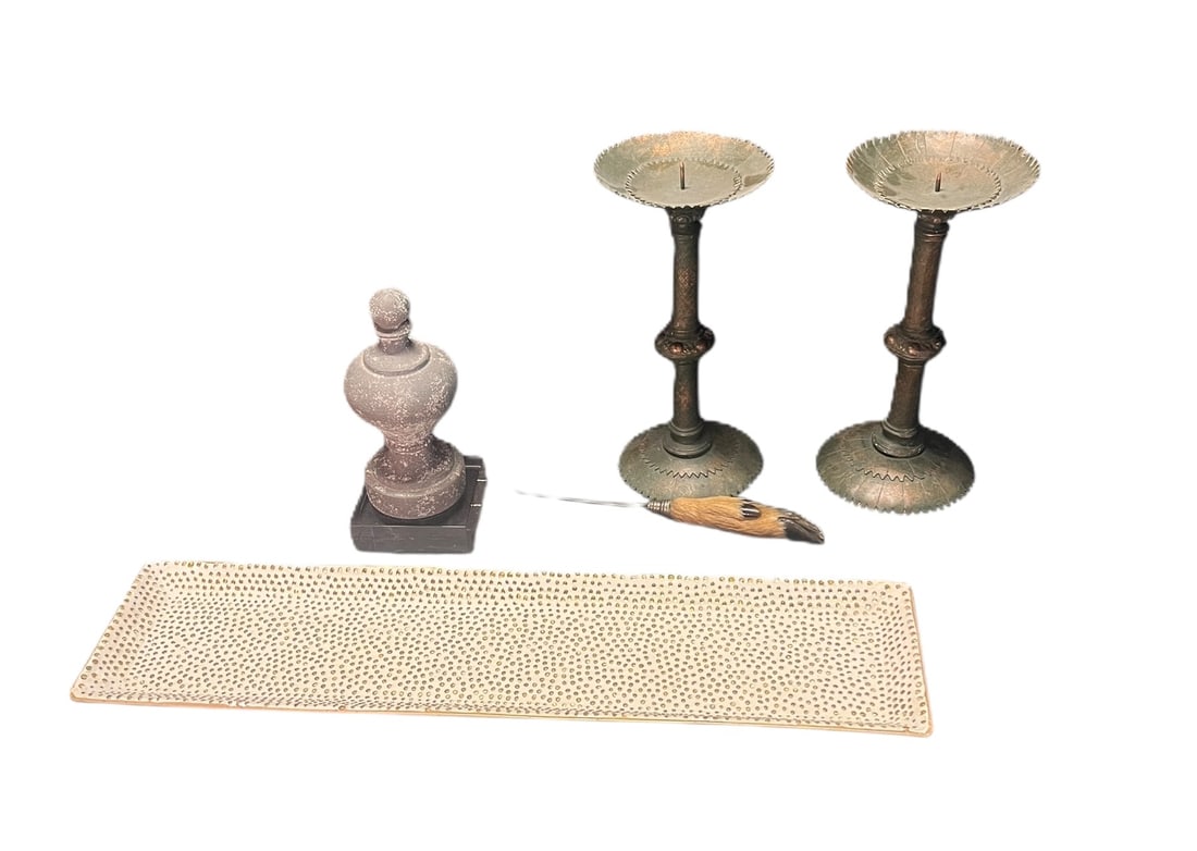 DEC TRAY, TWO CANDLE STICKS, DECOR OBJECTS: DEC TRAY, TWO CANDLE STICKS, DECOR OBJECTS Height: 18 in. by Width: 10 in. by Depth: 10 in.