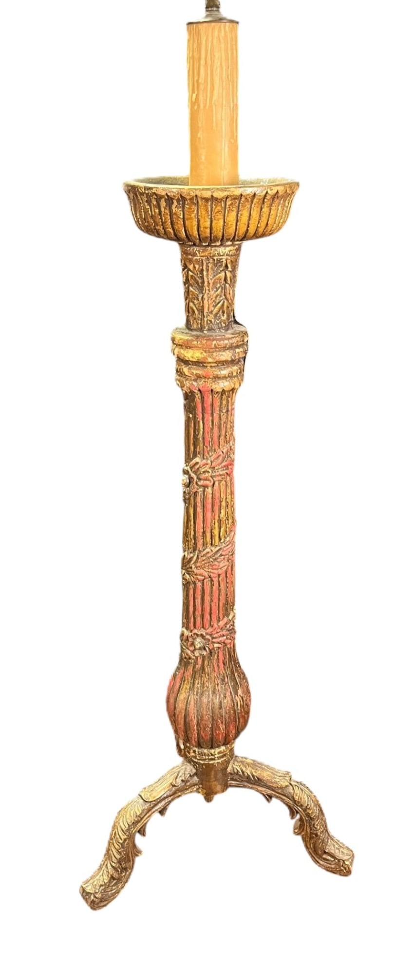 ANTIQUE WOOD CARVED CANDLESTICK FLOOR LAMP: ANTIQUE WOOD CARVED CANDLESTICK FLOOR LAMP. Height: 68 in. by Width: 20 in. by Depth: 20 in.