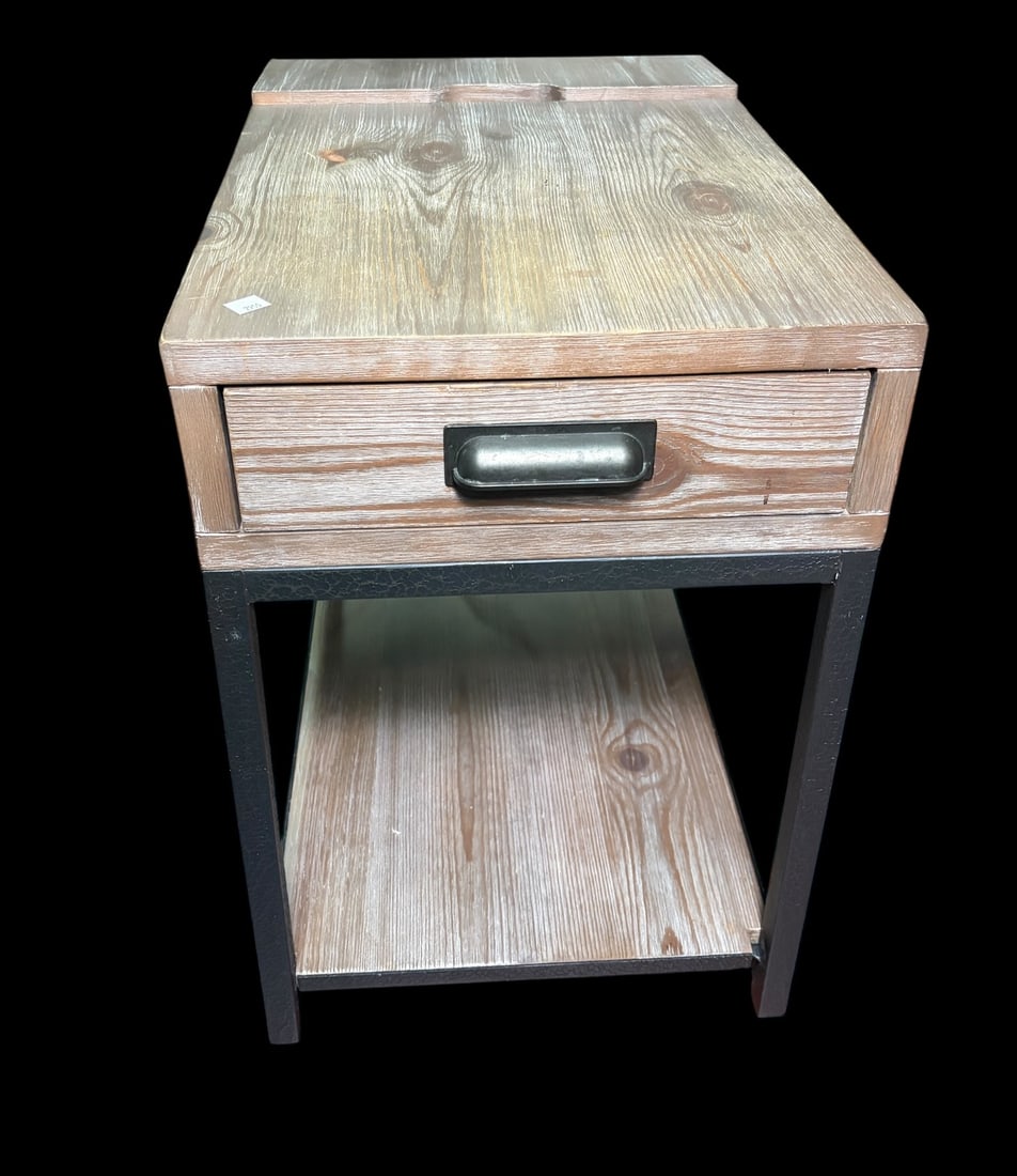 WOODEN AND IRON SIDE TABLE WITH ONE DRAWER: WOODEN AND IRON SIDE TABLE WITH ONE DRAWER Height: 24 in. by Width: 24 in. by Depth: 16 in.