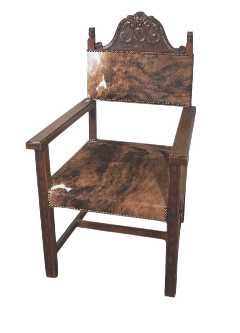 WOODEN ARMCHAIR WITH COWHIDE: WOODEN ARMCHAIR WITH COWHIDE Height: 45 in. by Width: 26 in. by Depth: 25 in.