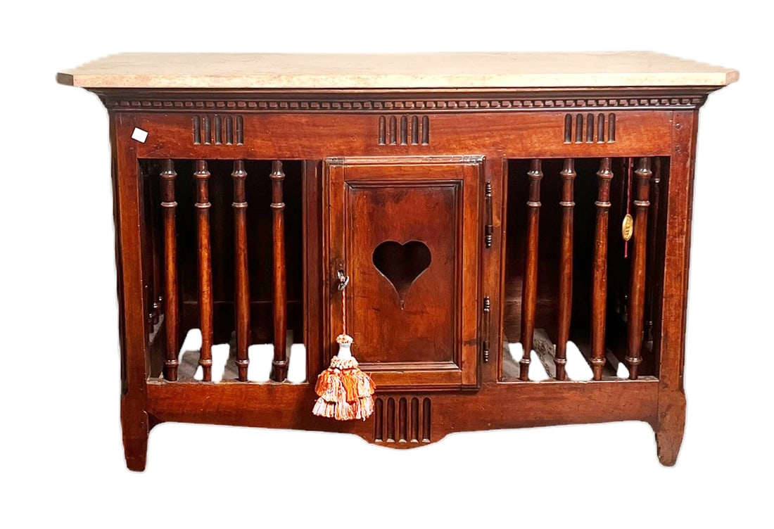 CIRCA 1790 FRENCH PANETIERE WITH LATER MARBLE TOP: CIRCA 1790 FRENCH PANETIERE WITH LATER MARBLE TOP. PROVENANCE: FROM FINDER'S FAYRE ANTIQUES, BEAUMONT, TEXAS. Height: 27 in. by Width: 42.5 in. by Depth: 22.5 in.