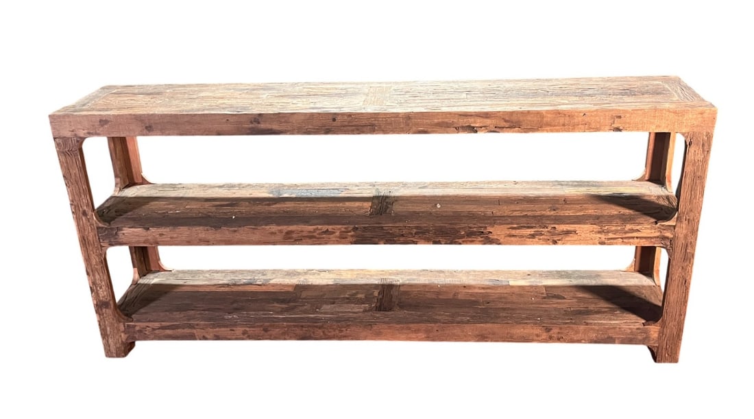 RECLAIM WOODEN CONSOLE WITH 3 SHELVES: RECLAIM WOODEN CONSOLE WITH 3 SHELVES Height: 16.5 in. by Width: 79.5 in. by Depth: 15 in.