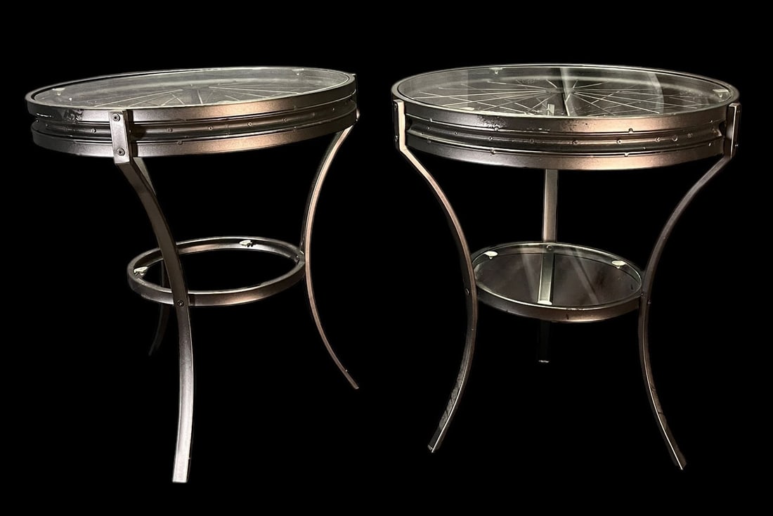 PAIR OF CONTEMPORARY METAL & GLASS SIDE TABLES: PAIR OFCONTEMPORARY METAL & GLASS SIDE TABLES. Height: 24.5 in. by Width: 21.5 in. by Depth: 21.5 in.