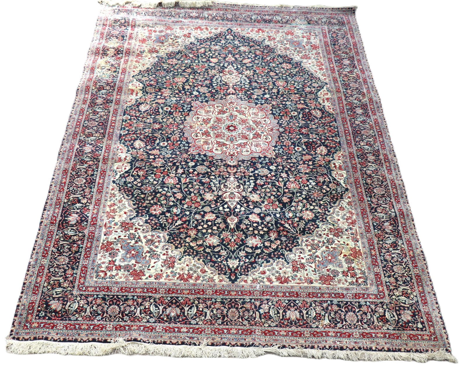 HAND KNOTTED PERSIAN MASHAD RUG: HAND KNOTTED PERSIAN MASHAD RUG. Height: 69 in. by Width: 72 in.