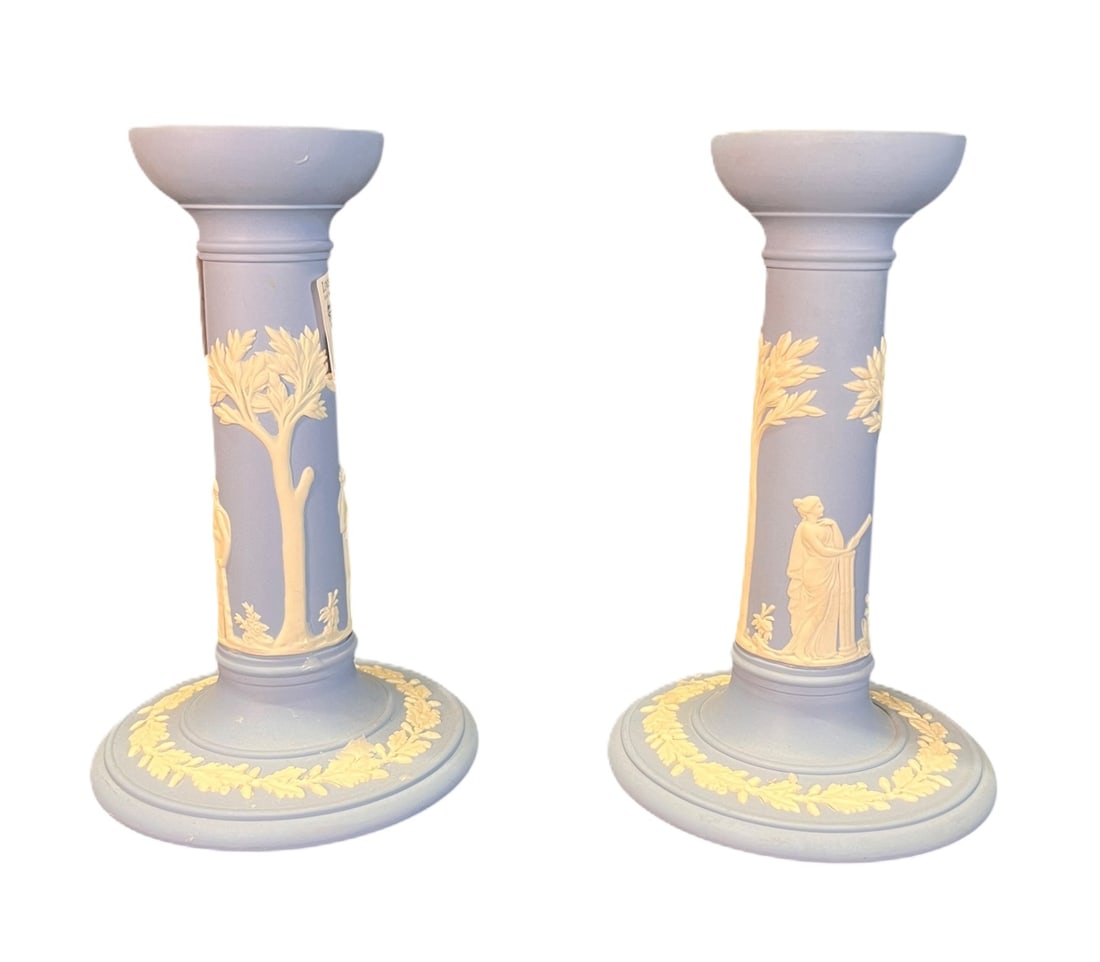 PAIR OF VINTAGE WEDGWOOD CANDLESTICKS: PAIR OF VINTAGE WEDGWOOD CANDLESTICKS. Height: 7 in. by Width: 4.5 in. by Depth: 4.5 in.
