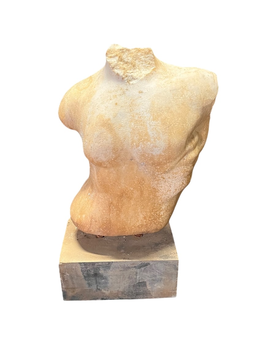 GREEK MALE TORSO MARBLE SCULPTURE: GREEK MALE TORSO MARBLE SCULPTURE. Height: 20 in. by Width: 9 in. by Depth: 6 in.