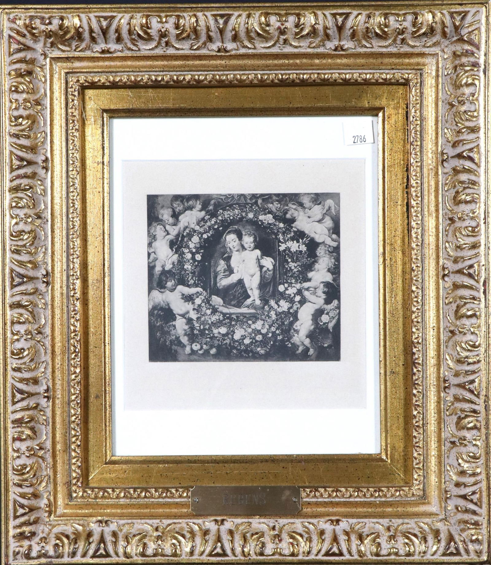 RUBENS "THE VIRGIN & CHILD" 19th C. PRINT: RUBENS "THE VIRGIN & CHILD IN GARLAND OF FLOWERS" 19th CENTURY PRINT IN ANTIQUE GILDED FRAME. Height: 16 in. by Width: 14 in.