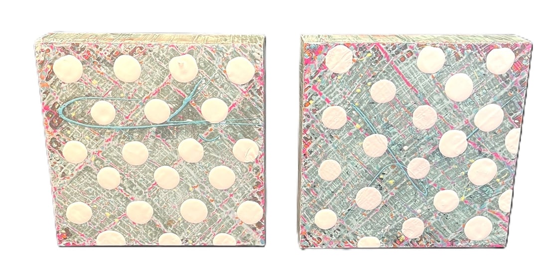 PAIR "DOTS ON GRAY" PAINTINGS: PAIR "DOTS ON GRAY" PAINTINGS Height: 12 in. by Width: 12 in.
