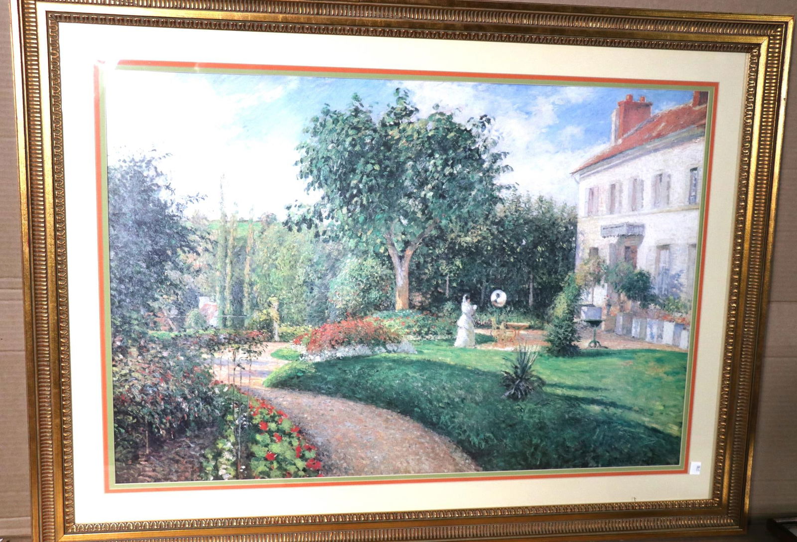 PRINT OF GARDEN SCENE BY G. TISSANTE: VINTAGE FRAMED & MATTED PRINT OF GARDEN SCENE BY G. TISSANTE. Height: 31 & 23 in. by Width: 42 & 34 in. by Depth: 1 1/4 in.