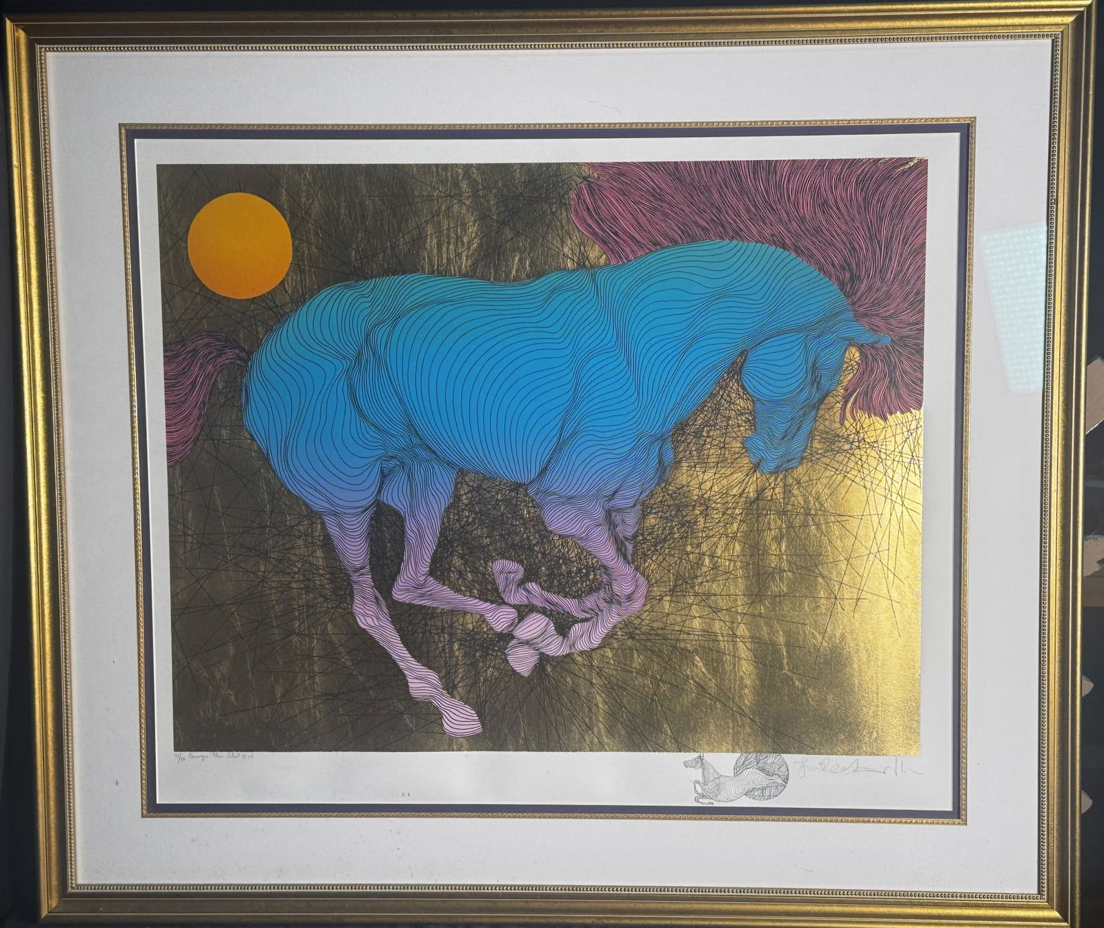 GUILLAUME AZOULAY "HORSE" EMBELISHED SILKSCREEN: GUILLAUME AZOULAY "HORSE" EMBELISHED SILKSCREEN. Artist: Guillaume Azoulay, Title:Camargue Plein Soleil. Medium: Hand Embellished Gold Leaf silkscreen. Edition: Limited Remarque Edition (it is very ra