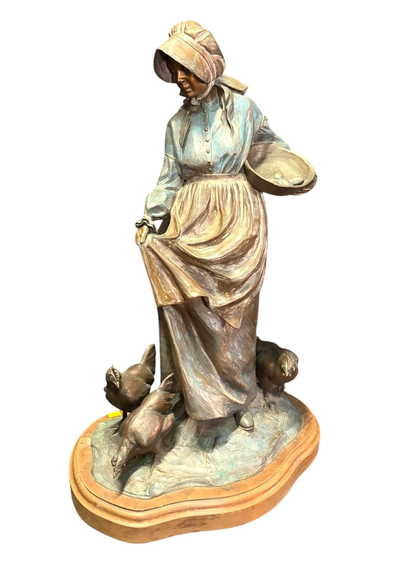 ANTIQUE BRONZE SCULPTURE BY PIERRE AUGUSTE RENOIR: ANTIQUE BRONZE SCULPTURE OF LADY WITH HER CHICKENS BY PIERRE AUGUSTE RENOIR. Height: 26 in. by Width: 18 in. by Depth: 12 in.
