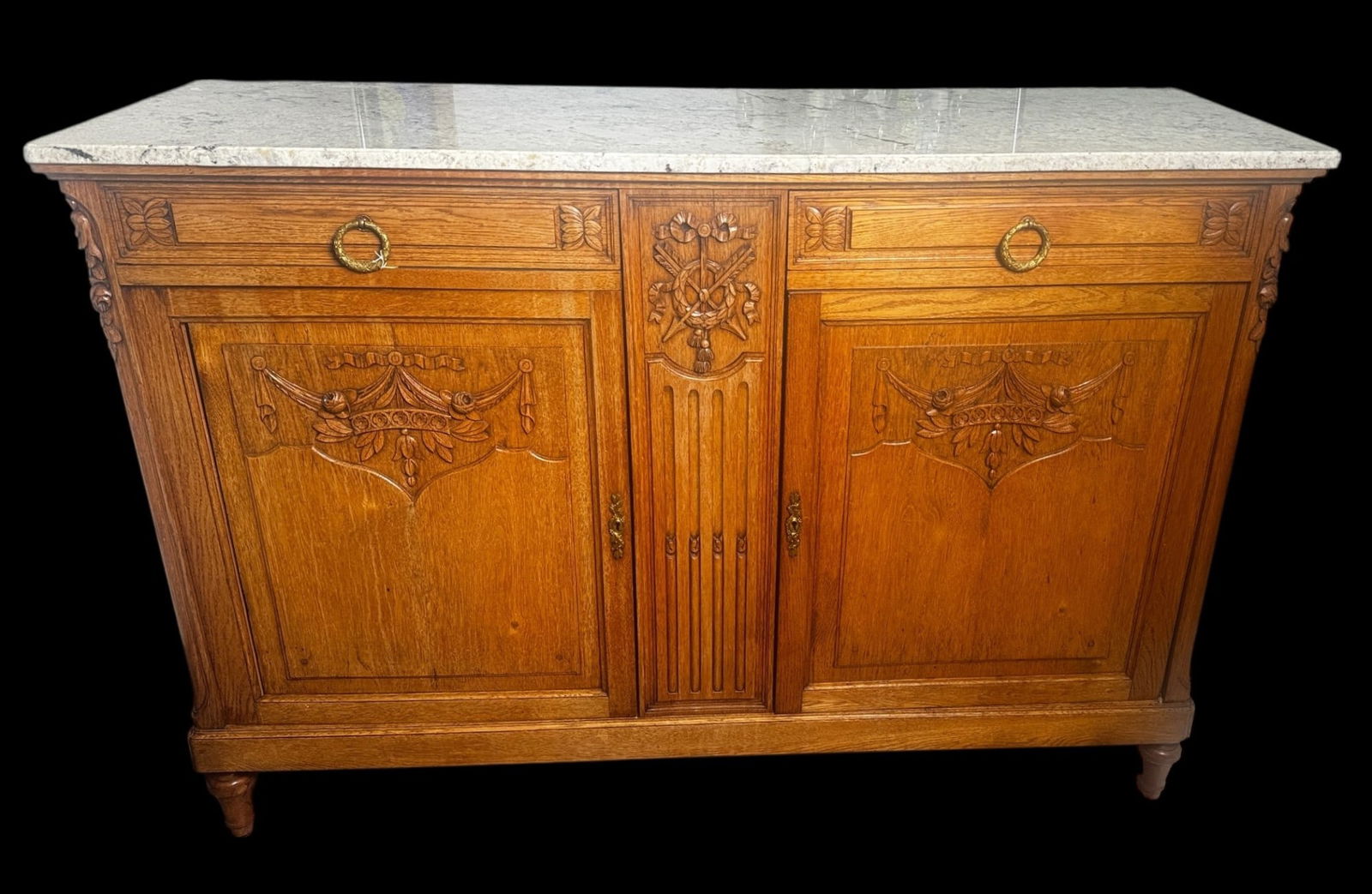 FRENCH WOODEN SIDEBOARD WITH WHITE MARBLE TOP: FRENCH WOODEN SIDEBOARD WITH WHITE MARBLE TOP. Height: 40.5 in. by Width: 19.5 in. by Depth: 58.5 in.