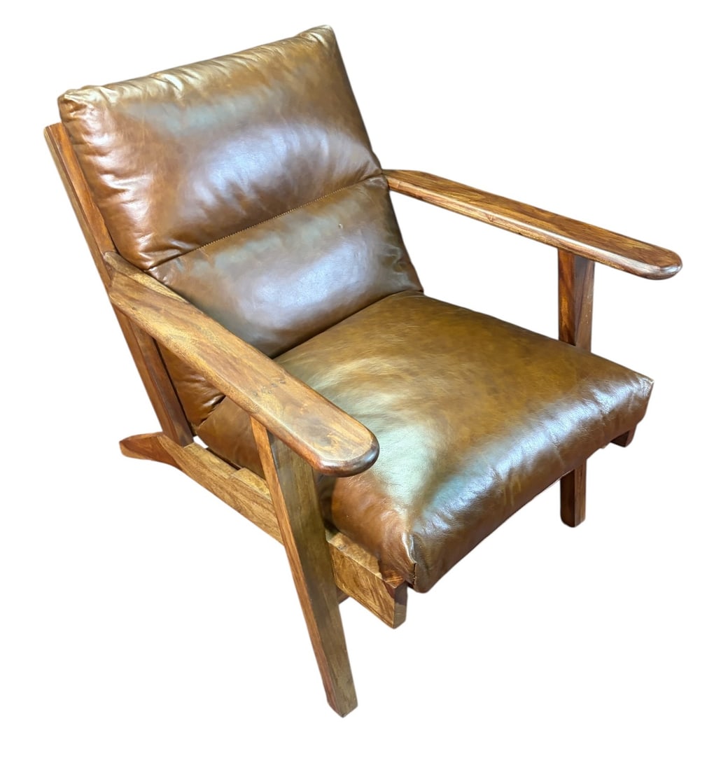 NATURAL WOODEN BROWN LEATHER ARM CHAIR: NATURAL WOODEN BROWN LEATHER ARM CHAIR Height: 32 in. by Width: 28 in. by Depth: 35 in.