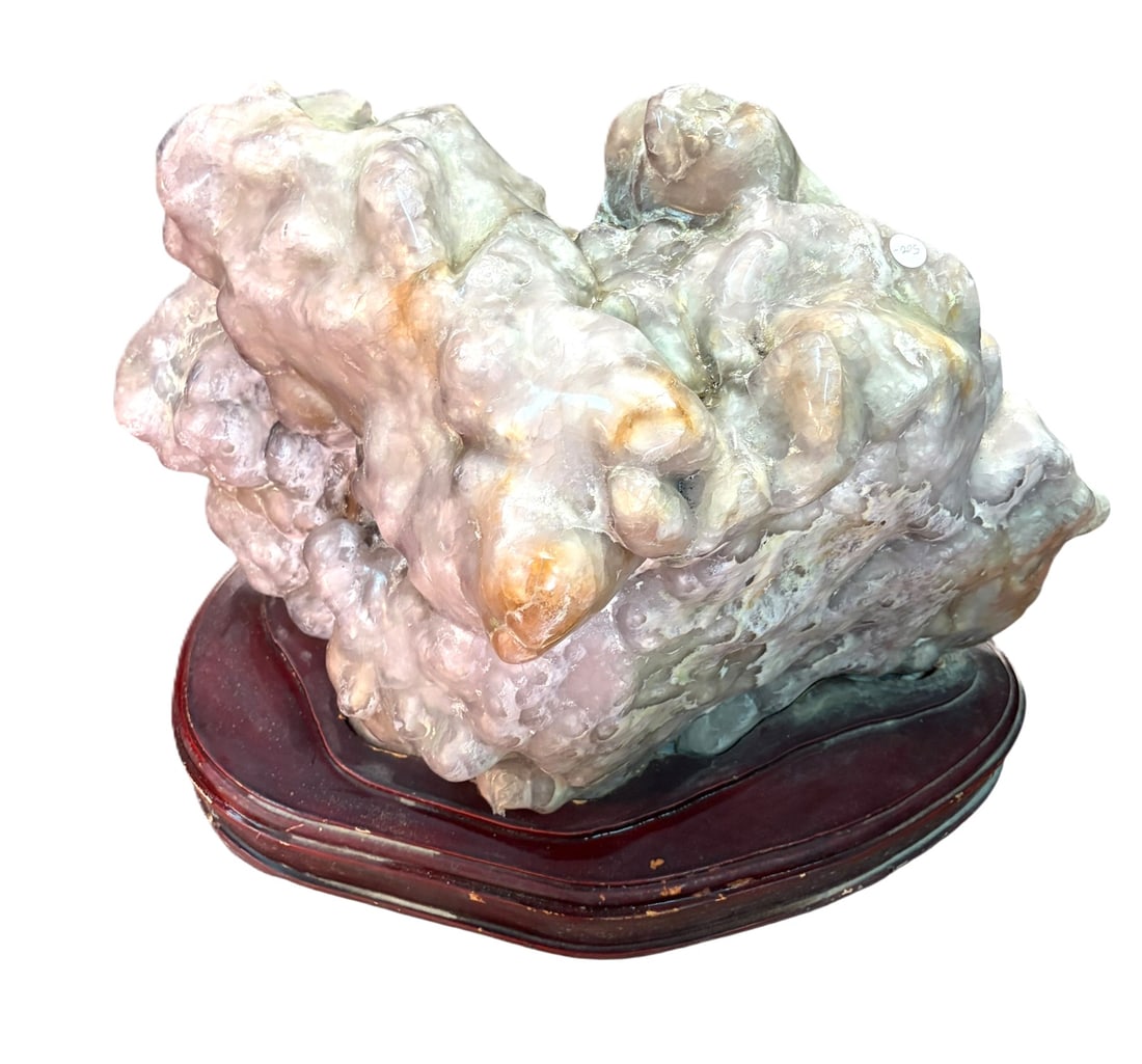NATURAL FREE FORM FLUORITE STONE ON STAND: NATURAL FREE FORM FLUORITE STONE ON STAND APPROX 100LBS Height: 17 in. by Width: 26 in. by Depth: 13 in.