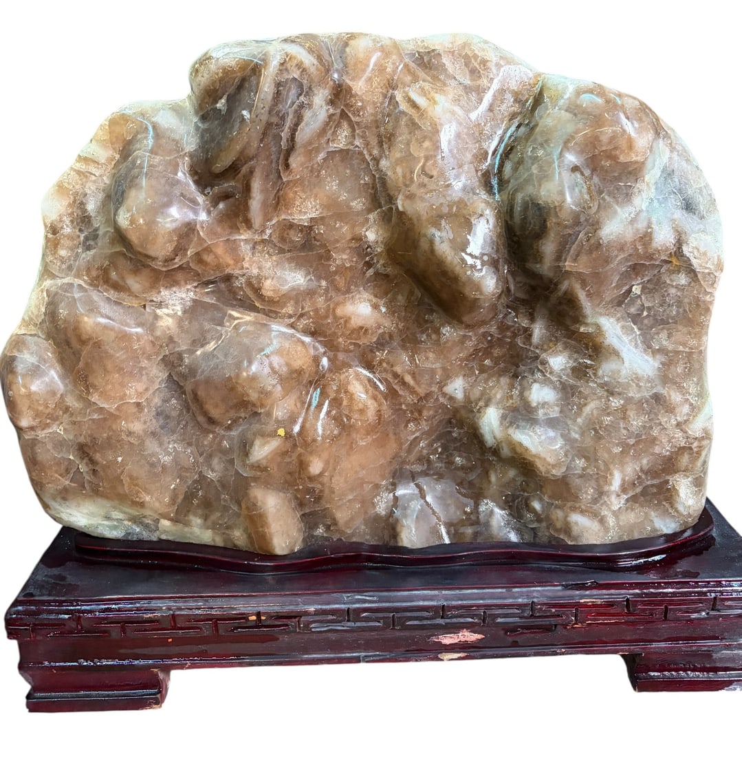 NATURAL FREE FORM FLUORITE STONE ON STAND: NATURAL FREE FORM FLUORITE STONE ON STAND APROX 75 LBS Height: 22 in. by Width: 24 in. by Depth: 6 in.