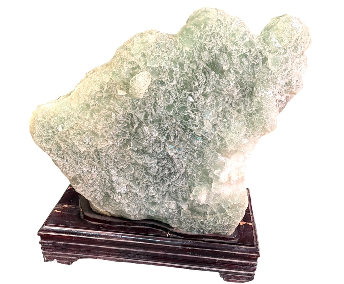 NATURAL FREE FORM FLUORITE STONE ON STAND: NATURAL FREE FORM FLUORITE STONE ON STAND Height: 25 in. by Width: 24 in. by Depth: 11 in.