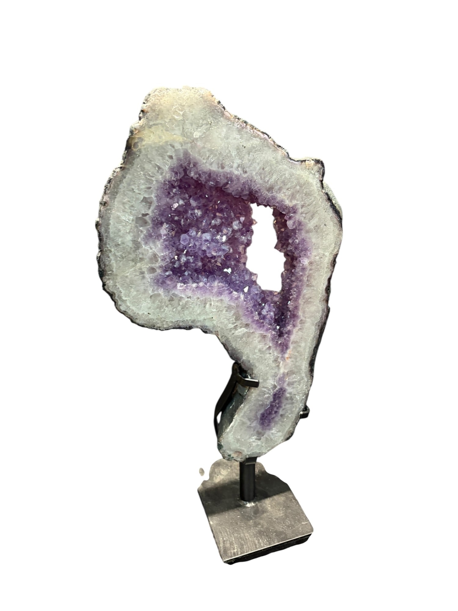 AMETHYST CRYSTAL ON IRON STAND: AMETHYST CRYSTAL ON IRON STAND Height: 21 in. by Width: 12 in. by Depth: 2 in.