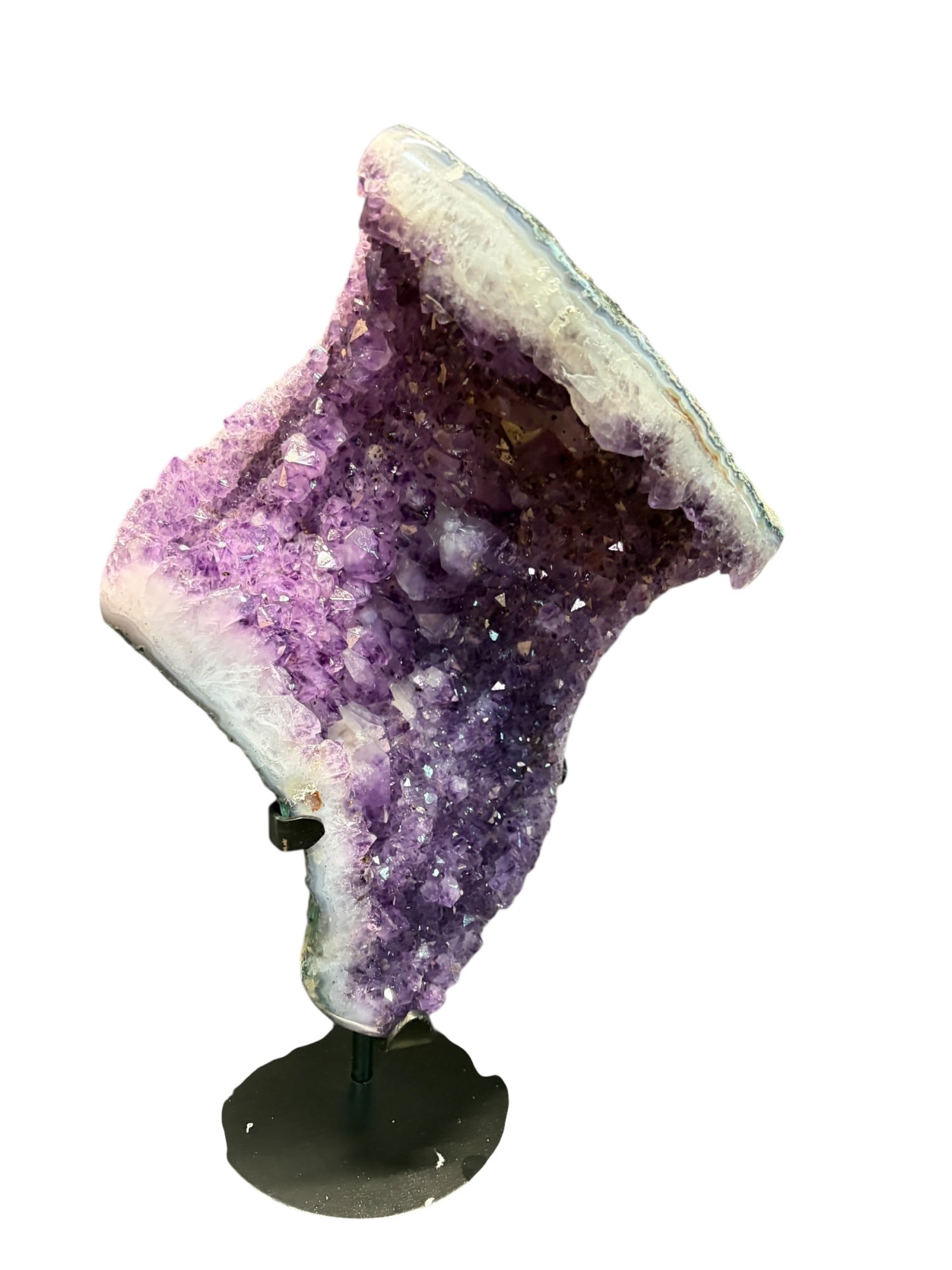 AMETHYST CRYSTAL ON IRON STAND: AMETHYST CRYSTAL ON IRON STAND Height: 17 in. by Width: 11 in. by Depth: 7 in.